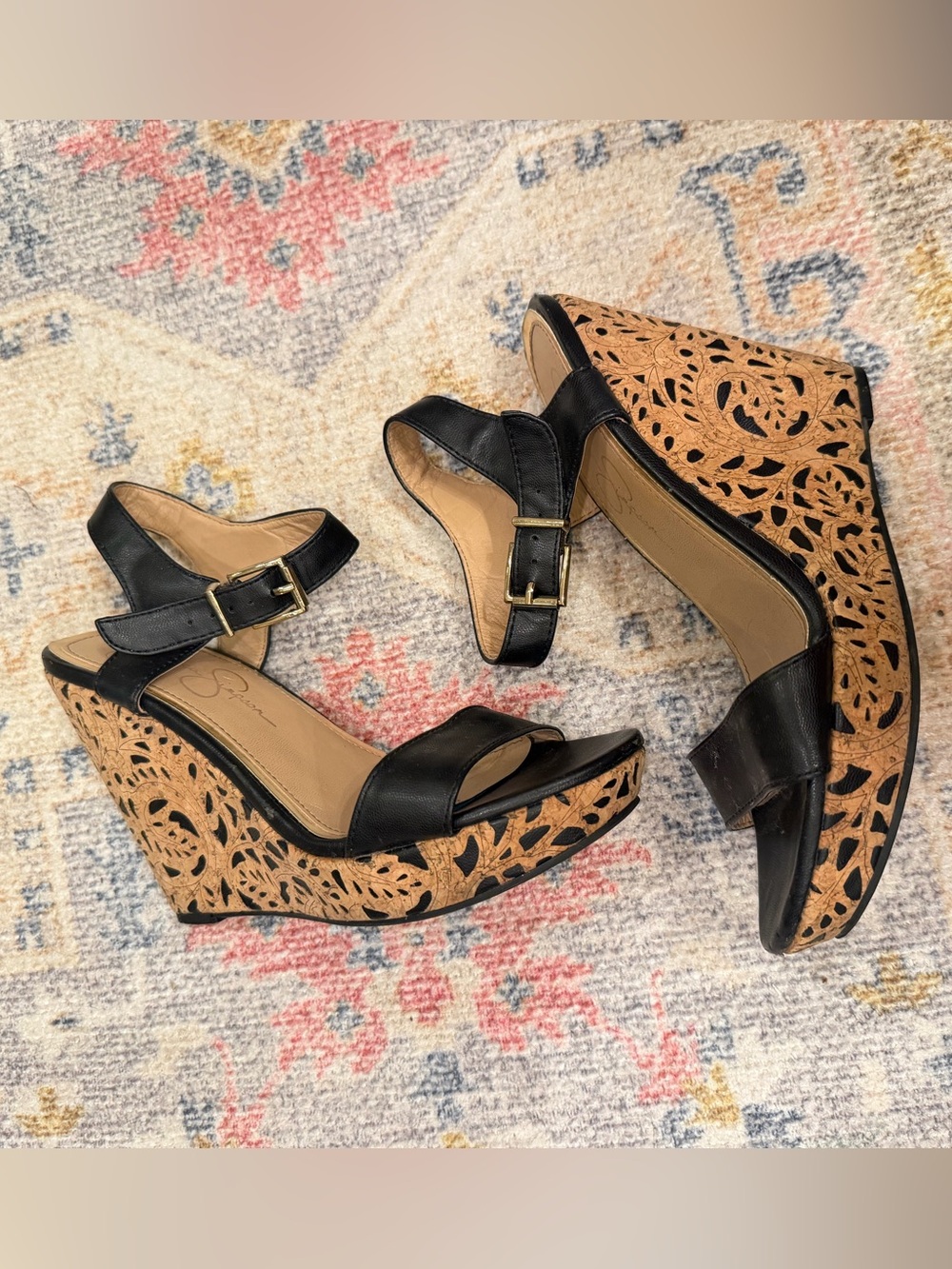Jessica Simpson Black and Tan Laser-Cut Cork Wedges